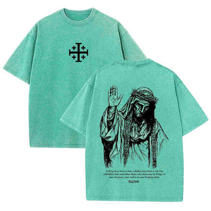 2026 Jesus With Crown of Thorns T Shirt Vintage Washed Grey Graphic Tee Unisex Casual Religious Top