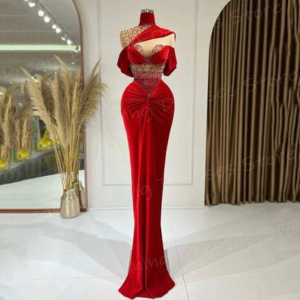 2025 Arabia Modest Elegant Red Women's Mermaid Charming Evening Dresses High Neck Beaded Prom Gowns Customized Vestido De Noche