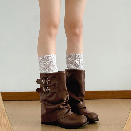 Vintage Thick Heel Women Western Ankle Boots Eelgant Belt Buckle Shoes Ladies Cosy Soft Leather Short Booties