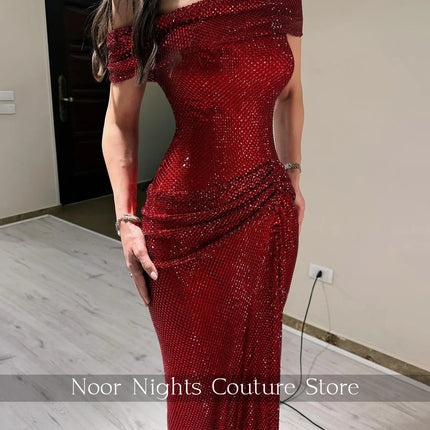 Glitter Burgundy Off Shoulder Crystal Prom Dresses Mermaid with Draped Sleeveless Evening Dress Customized فساتين سهرة