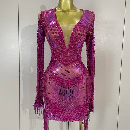 New Sparkly Diamonds Sequin Tassels Sexy Mesh Short Dress Women Evening Party Celebrate Birthday Nightclub Show Photo Shoot Wear