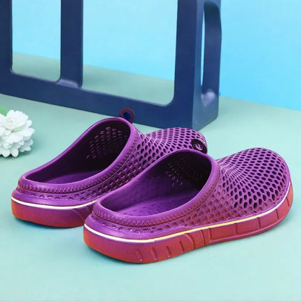Rear view of purple EVA clogs showing open heels