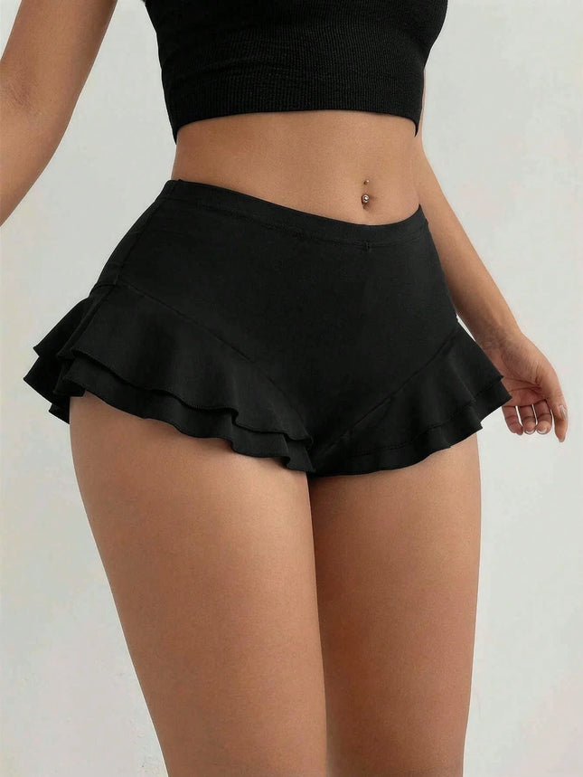 Women High Waist Double Layer Ruffle Trim Casual Mini Skort 2026 Summer Y2K Solid Black Stretch Soft