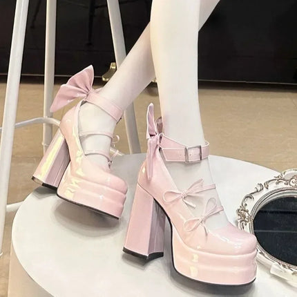 Thick Sole Women's Retro Fashion Mary Jane Shoes Elegant Waterproof Platform Big Bow Chunky Heels Lolita Single Shoes Tacones