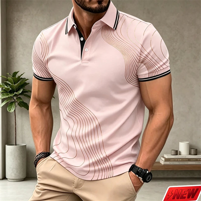 Fashion Wavy Line Graphic Polo Shirt Men Casual Business Handsome Short Sleeve Top Summer Streetwear Colorful 3d Print Lapel Tee