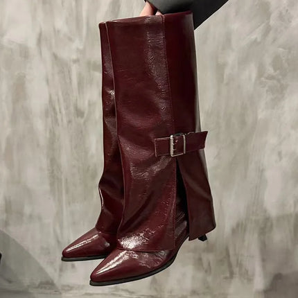 Thin Folkel Single Boots Autumn New Pointed Toe Metal Belt Buckle Anti-Slip Wear-Resistant Sleeve Tall Boots