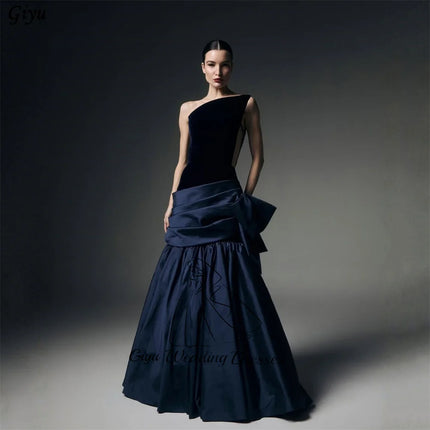 Giyu Customized Elegant Navy A Line One-Shoulder Evening Gown Dress Sleeveless Pleat Formal Party Dress Satin Prom Dress