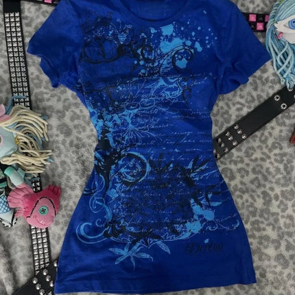 Women's Y2k Grunge T-Shirts 2000s Vinage Rhinestone Print Heart Rose T-Shirt Aesthetics Harajuku Round Neck Tops Street Fashion