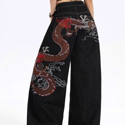 European And American Millennium Asian Cool Style Loose Jeans Traditional Dragon Pattern Embroidered High Waist Wide Leg Pants