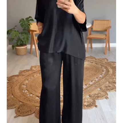 Spring Summer Fashion Solid Smooth Satin Two Piece Sets New Women's V Neck Half Sleeved Top And Long Pants Casual Loose Outfits