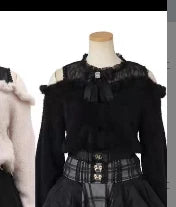 Autumn and Winter Furry Off-shoulder Long-sleeved Sweater Japanese Sweet Cute Girl Bow Versatile Outer Wear Knitted Pullover