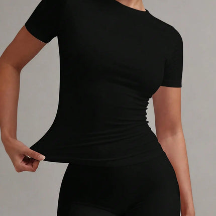 Women's White Solid Round Neck Short Sleeve Fitted T-Shirt for Summer Casual Wear