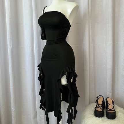 Strapless Sexy Floral Fold Hemline High Slit Mini Dress Solid Backless Sleeveless Black And Pink Party Dress