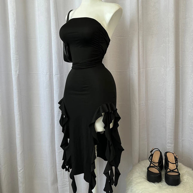 Strapless Sexy Floral Fold Hemline High Slit Mini Dress Solid Backless Sleeveless Black And Pink Party Dress
