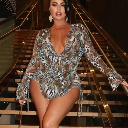 Nibber Hipster 2 Piece Set Women Sexy Swing Collar Shirring Bell Sleeve Backless Top+Bike Short Sexy Stretch Leopard Print Suit