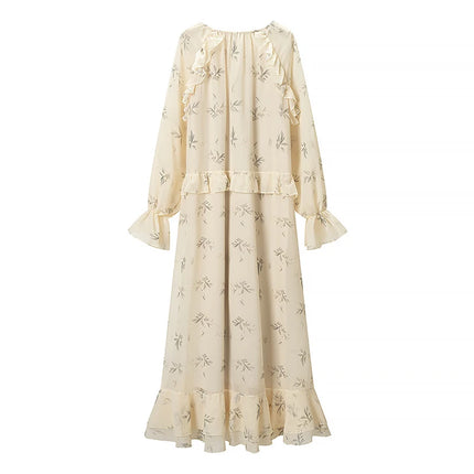 YENKYE  New 2026 Women's Floral Print Ruffle Trim Long Sleeve Maxi Dress Loose Fit Boho Beach Vacation Dresses