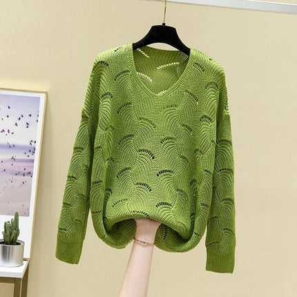 2024 Casual Elegant Sweet Autumn Winter V-neck Hollow Out Top Women's Sweater Solid  All-matching Pullover Knitwear Korean New