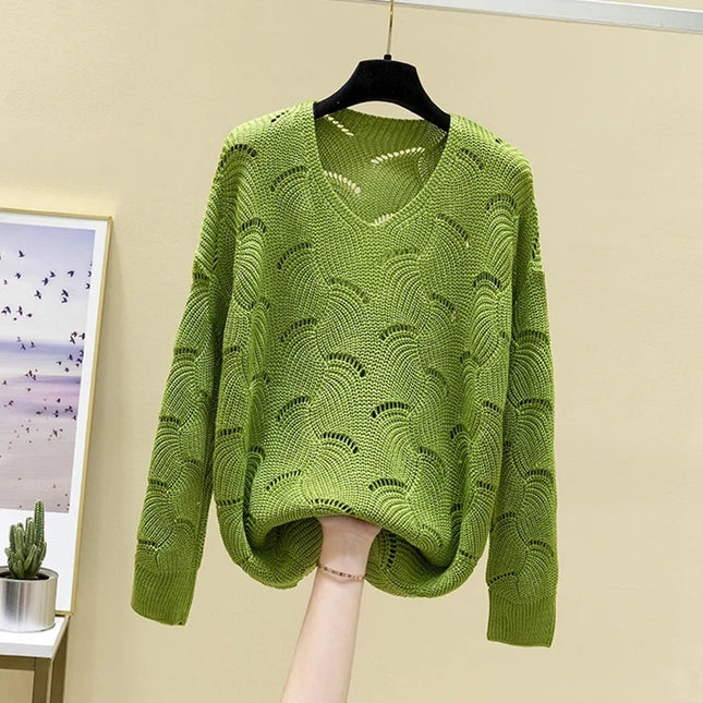 2024 Casual Elegant Sweet Autumn Winter V-neck Hollow Out Top Women's Sweater Solid  All-matching Pullover Knitwear Korean New