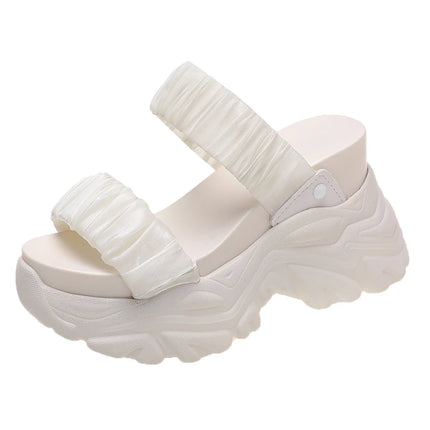 New 10CM Summer Platform Slippers Women Blue Pleated Riband Discolor Ladies Chunky Sole Beach Cool Wedges Slides Shoes Woman