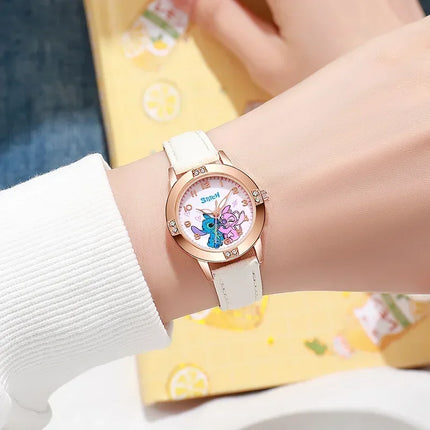 Disney Children's Watches Kids Boys Girls Cute Cartoon Stitch Imitation Diamond Wristwatch Belt Student Quartz Watch Gift