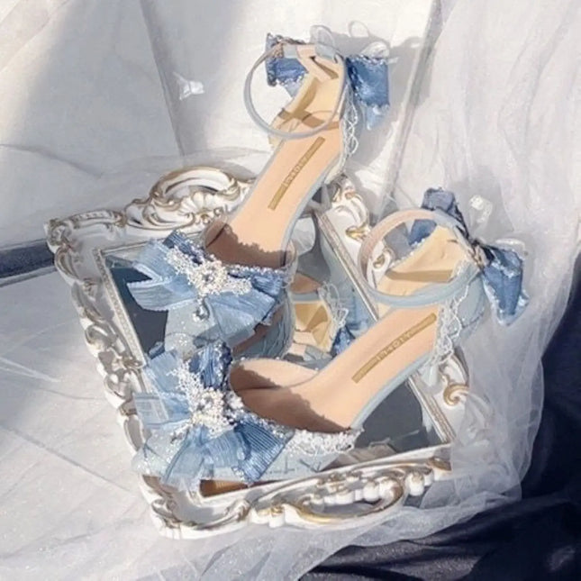 lolita Women heels Wedding designer shoes White shoes cute shoesBlue Pointed-Toe Slip-On Bow Handmade High Heels