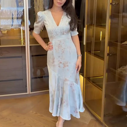 Elegant Floral Printed Satin Dress Pleated V-Neck Short Puff Sleeve Bodycon Dresses 2026 Spring Women Vintage Vacation Chic Gown