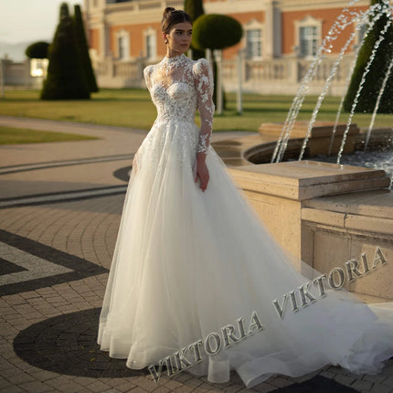 VIKTORIA Vintage Princess Wedding Dresses For Woman Bridal High Neck Long Sleeves A-LINE Appliques Vestidos De Novia Custom Made
