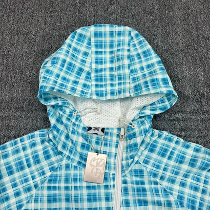 Best Quality Windproof Inside Mesh Blue Green Checkered Outdoor Coats Men Women Letters Embroidery Mertra Slanted Zipper Jacket