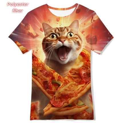 3D Print Fun Cute Cat T-Shirt For Men Pizza Burger Pattern Tees Summer Street Casual Short Sleeve Tops Loose Round Neck T Shirts