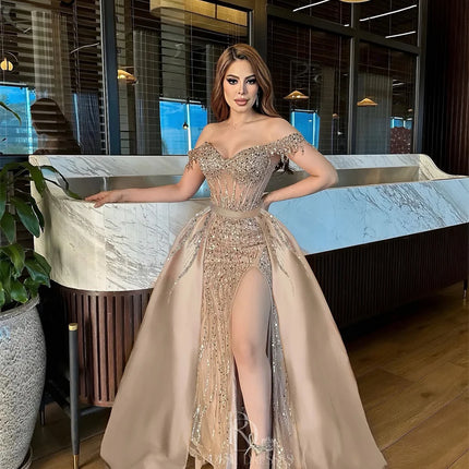 Champagne Beading Evening Dress 2026 Crystals Beading Prom Party Wedding Party Gowns With Detachable Train Vestidos Customized