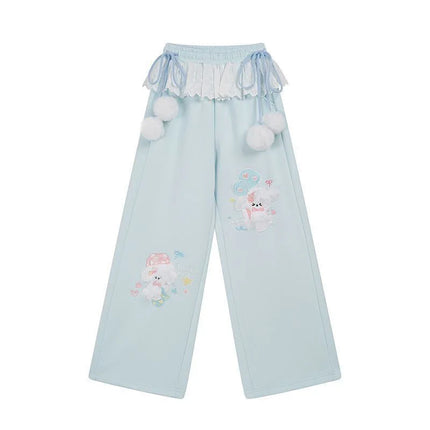 Cute Cartoon Wide Leg Pant Women Lace Patchwork High Waist Sweet Trousers Vintage Japan Preppy Style Fall Winter Kawaii Pants