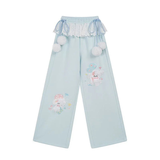 Niedliche Cartoon-Weite Hose Damen Spitze Patchwork Hohe Taille Süße Hose Vintage Japan Preppy Style Herbst Winter Kawaii Hose