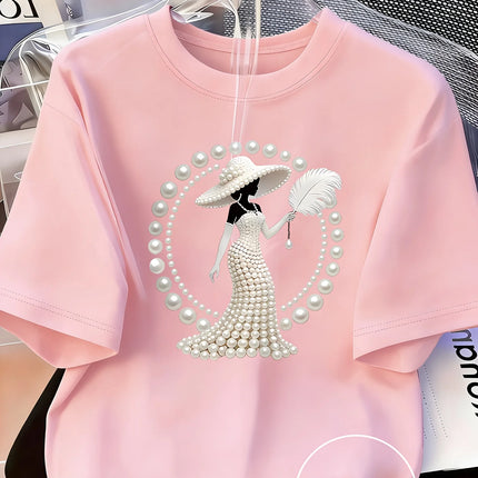 Women's Printed T-Shirt Pearl Diamond Jewelry Women's Design Casual Round Neck Short-sleeved Top Urban Style Printed T-Shirt
