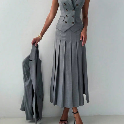 3pcs Women Elegant Work Casual Business Suit Set: Fitted Vest for Spring/Summer, Pleated Midi Skirt, Suitable for Office Lady