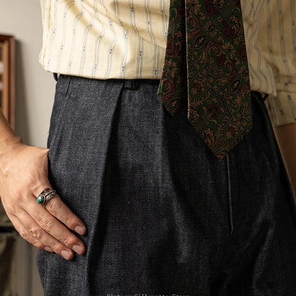 Red Tornado Pleated Denim Pants High Waist Loose Fit Vintage Style Men's Naples Trousers