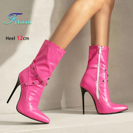 12CM Ultra High Heel Pointed Toe Stiletto Boots Women Ankle Boots Fashion Rivet Band T Show Short Booties Winter Female Shoes