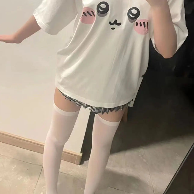 Japanese White Sweet T-shirt Kawaii Cartoon Expression Print Tshirt Preppy Cute Casual Tee Fashion - product image 2