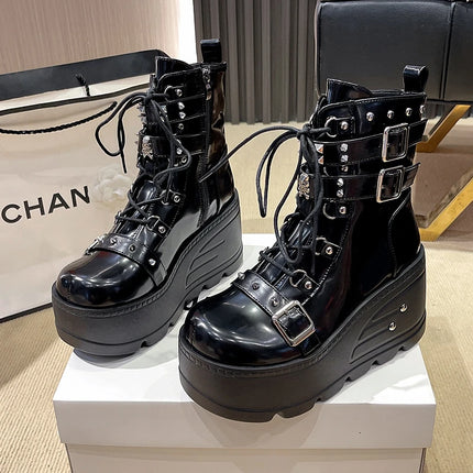 Platform Boots Goth for Women Lace up Wedge Heel Buckle Ankle Booties Studded Short Motorcycle Boots with Zipper White