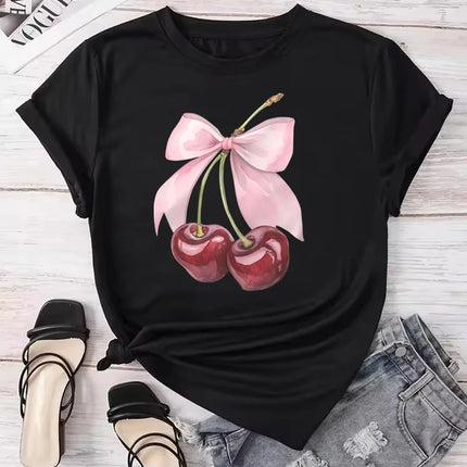 Fashion Cherry Print Women T-Shirt Short Sleeve Crew Neck Casual Tops for Summer Spring Women's Clothing Tops Tees