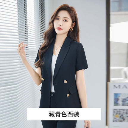 2‑Piece Women Office Suit Short Sleeve Double Breasted Blazer + High Waist Pants Ladies Formal Business Workwear Set Multiple Co