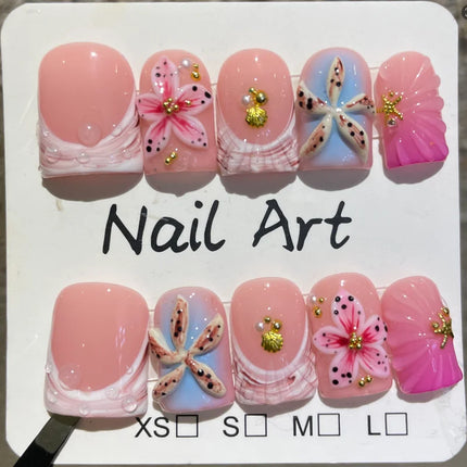 10pcs Short Duck Bill Press on Nails 3D Butterfly Flower False Nails Pink French Tip Nail Art Pearl Heart Rhinestone Fake Nails