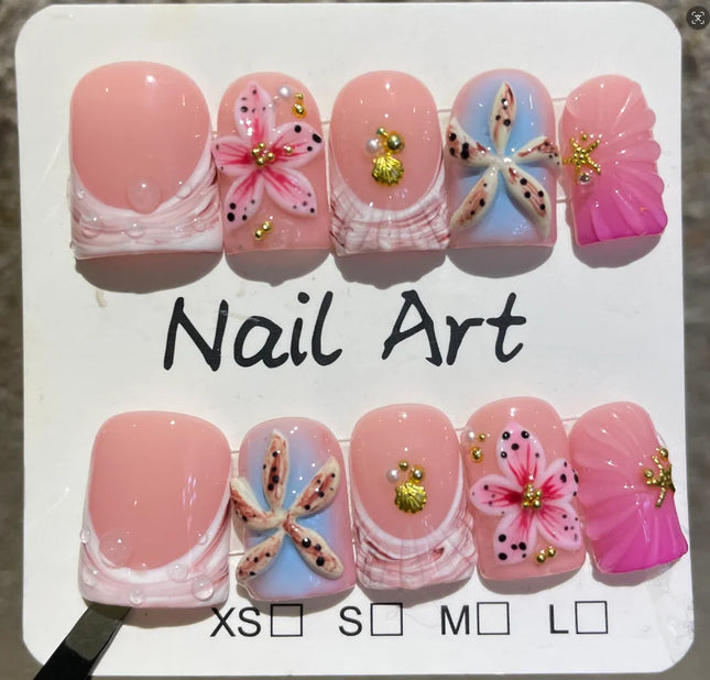 10 Uds. Uñas postizas cortas de pico de pato a presión, uñas postizas con mariposas y flores 3D, puntas francesas rosadas, arte de uñas, perlas, corazones de diamantes de imitación, uñas postizas