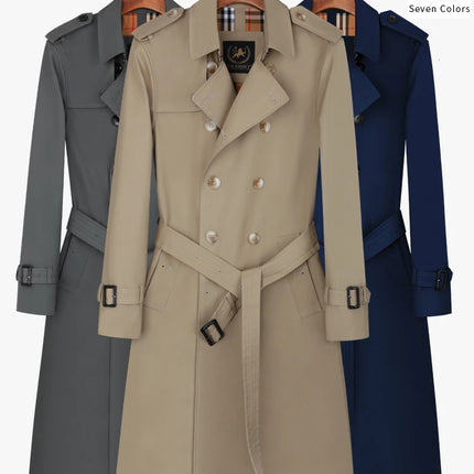 Men's trench coat long knee length with double breasted British plaid cotton lining down inner lining windbreaker mens