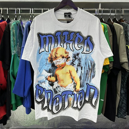 Fashion Brand Mixed Emotion Embroidery Rhinestone American Streetwear Angel Print Hot Diamond Top Tee Men Women Loose T shirts