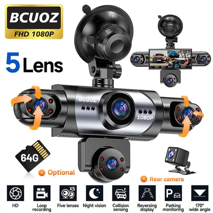 BCUOZ 5-Lens 360° Dashcam with Super Night Vision - 1080P Front 720P Rear Left Right Car Cameras Loop Recording G-Sensor WDR 12-24V Plug Power Supply Optional 64GB Memory Card