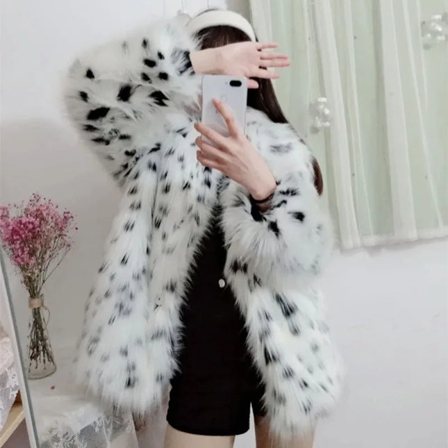 Leopard-Kunstpelz-Cardigan Fuchs-Pelzmäntel Locker Dick Warme Pelz-Oberbekleidung Gespleißter Umlegekragen-Mantel High Street Winter