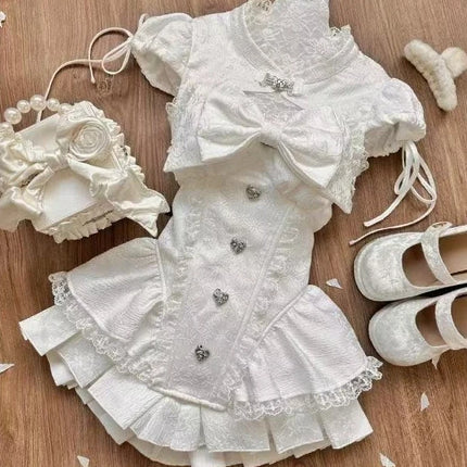 Japanese Cute Slim Women Party Dress Ruffled Lace Chic Bow Long Sleeve Kawaii Sweet Style Set Lightweight Trendy Female Design