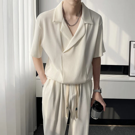 2025 Summer Pleated Sets Men Fashion Casual Short Sleeved T shirt/Trousers Two-piece Mens Korean Loose Ice Silk Sets Men 3-color