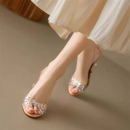 Summer New Round Toe Open Toe Rhinestone Clear Fish Mouth High Heels Fairy Crystal Wedge Sandals