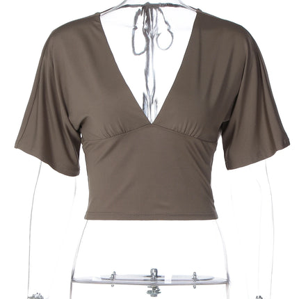 Summer Sexy V-Neck Short Sleeve Backless Lace Up T-Shirt Casual Versatile Party Street Style Clothes